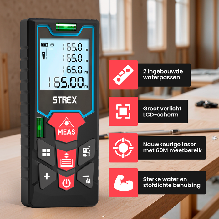 Strex Laser Afstandsmeter 60m Bereik - Lasermeter - Incl. Batterijen & Beschermhoes