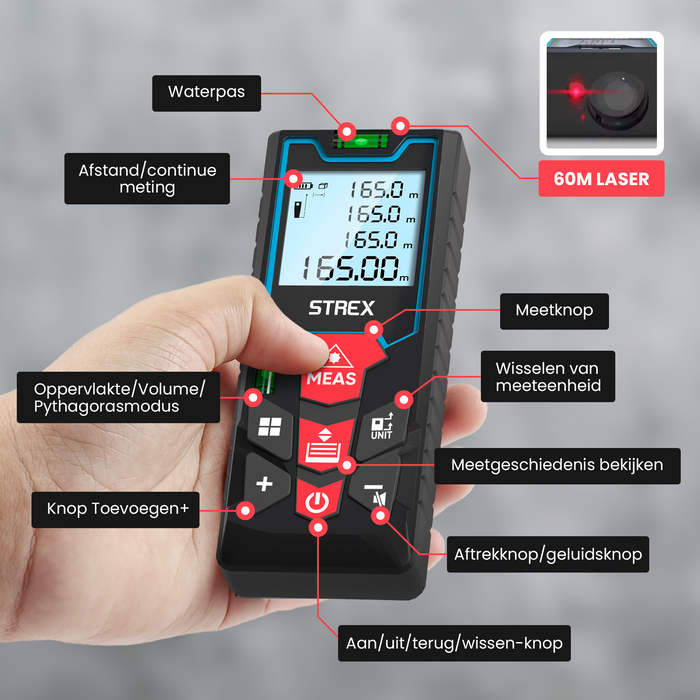 Strex Laser Afstandsmeter 60m Bereik - Lasermeter - Incl. Batterijen & Beschermhoes