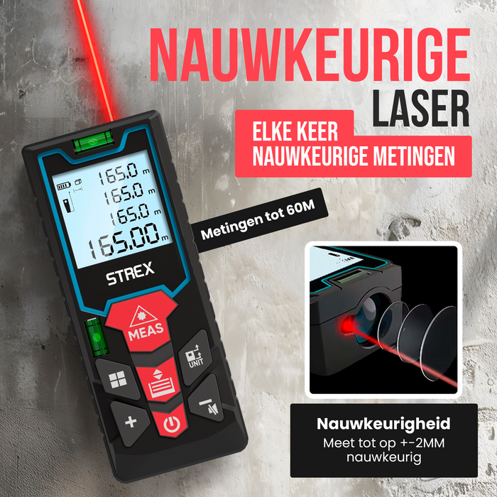 Strex Laser Afstandsmeter 60m Bereik - Lasermeter - Incl. Batterijen & Beschermhoes