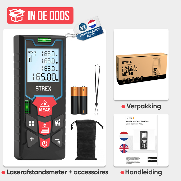 Strex Laser Afstandsmeter 60m Bereik - Lasermeter - Incl. Batterijen & Beschermhoes