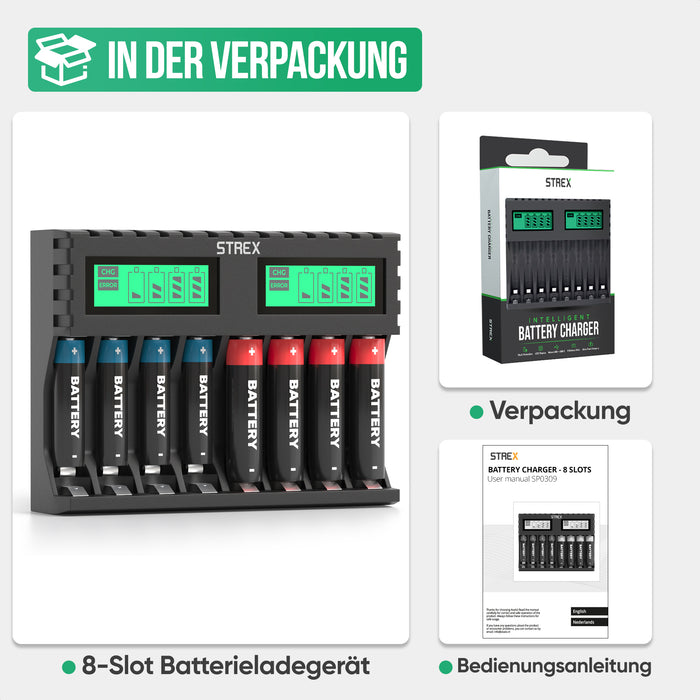 Strex Batterij Oplader - 8x AA/AAA Batterijen - USB Oplaadbaar - LCD Display - Universele Batterijlader Voor Oplaadbare Batterijen