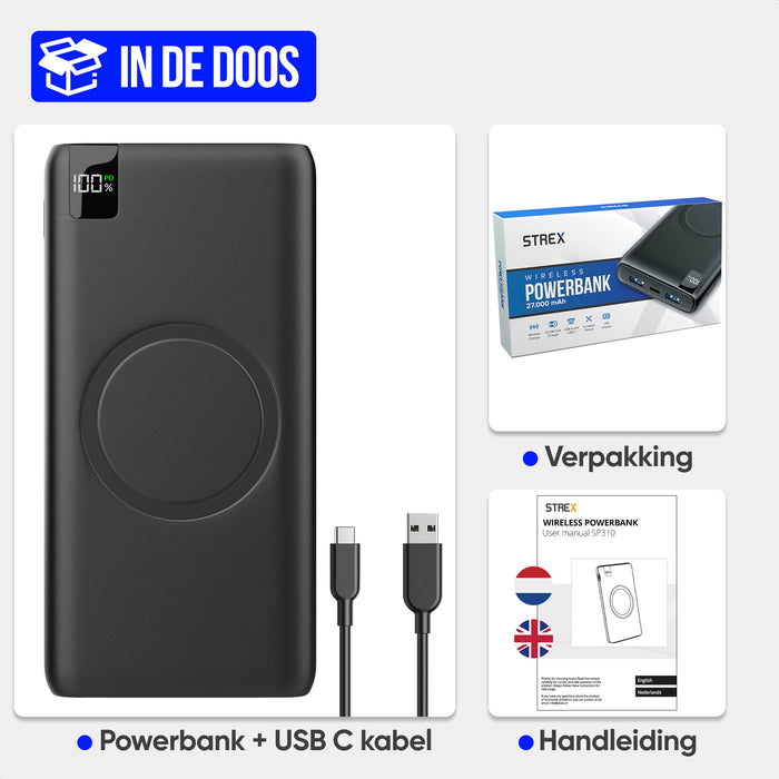 Strex Powerbank met Draadloze Qi Snellader - 27.000 mAh - 22.5W Snellader - Draadloos Opladen - USB-A/USB-C - LED Indicatie - Universele Powerbank geschikt voor o.a. iOS/Android