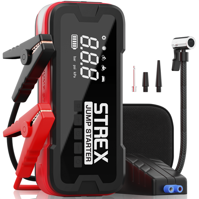 Strex 12V Jumpstarter voor Auto met Compressor - 4000A / 24.000 mAh - 5-in-1 Starthulp met Compressor, Powerbank, LED Zaklamp en SOS Noodlicht - Incl. Hardcover