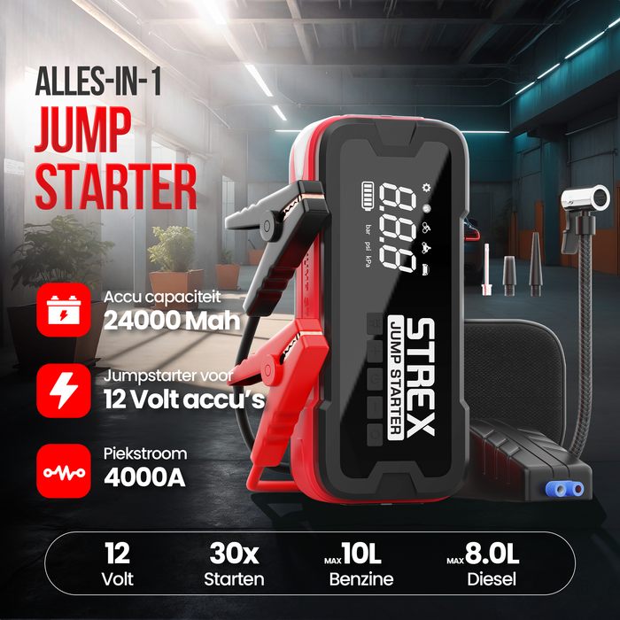 Strex 12V Jumpstarter voor Auto met Compressor - 4000A / 24.000 mAh - 5-in-1 Starthulp met Compressor, Powerbank, LED Zaklamp en SOS Noodlicht - Incl. Hardcover