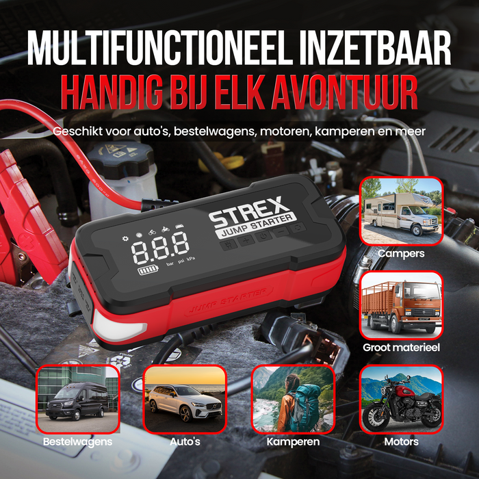 Strex 12V Jumpstarter voor Auto met Compressor - 4000A / 24.000 mAh - 5-in-1 Starthulp met Compressor, Powerbank, LED Zaklamp en SOS Noodlicht - Incl. Hardcover
