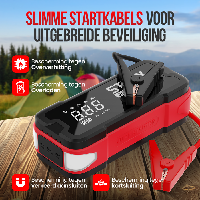 Strex 12V Jumpstarter voor Auto met Compressor - 4000A / 24.000 mAh - 5-in-1 Starthulp met Compressor, Powerbank, LED Zaklamp en SOS Noodlicht - Incl. Hardcover