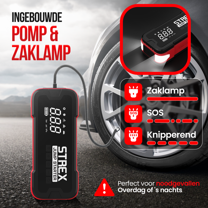 Strex 12V Jumpstarter voor Auto met Compressor - 4000A / 24.000 mAh - 5-in-1 Starthulp met Compressor, Powerbank, LED Zaklamp en SOS Noodlicht - Incl. Hardcover