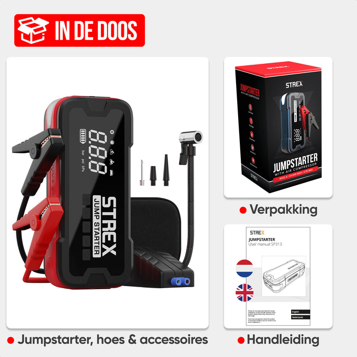 Strex 12V Jumpstarter voor Auto met Compressor - 4000A / 24.000 mAh - 5-in-1 Starthulp met Compressor, Powerbank, LED Zaklamp en SOS Noodlicht - Incl. Hardcover