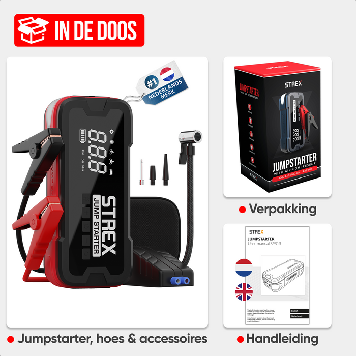 Strex 12V Jumpstarter voor Auto met Compressor - 4000A / 24.000 mAh - 5-in-1 Starthulp met Compressor, Powerbank, LED Zaklamp en SOS Noodlicht - Incl. Hardcover