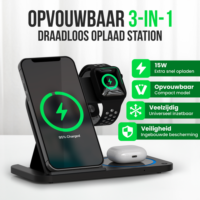 Strex 3-in-1 Draadloze Oplader - Oplaadstation - 15W Snellader - Opvouwbaar - Geschikt voor iOS & Android, Apple Watch, AirPods en Draadloze oortjes - Zwart