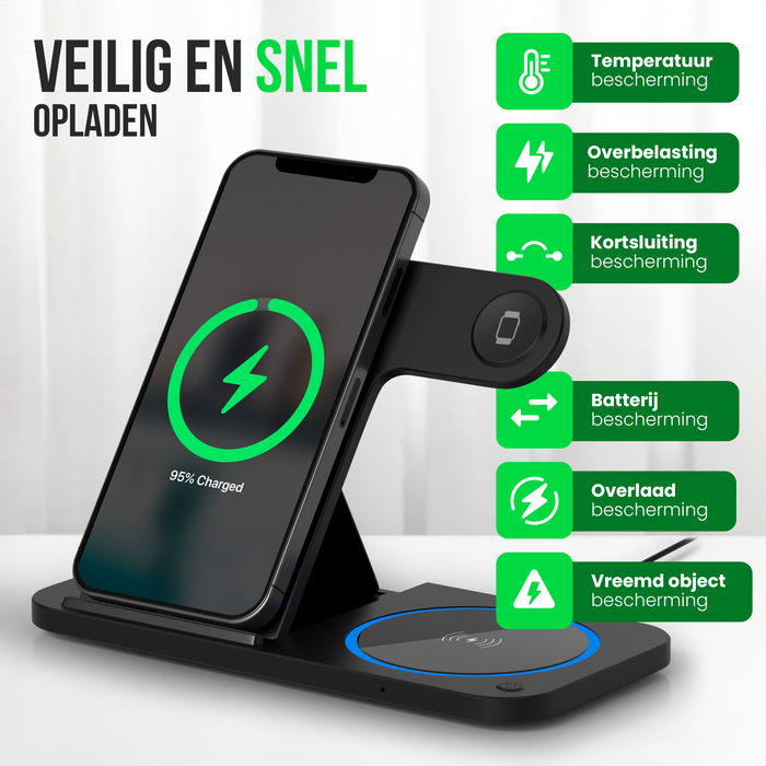 Strex 3-in-1 Draadloze Oplader - Oplaadstation - 15W Snellader - Opvouwbaar - Geschikt voor iOS & Android, Apple Watch, AirPods en Draadloze oortjes - Zwart