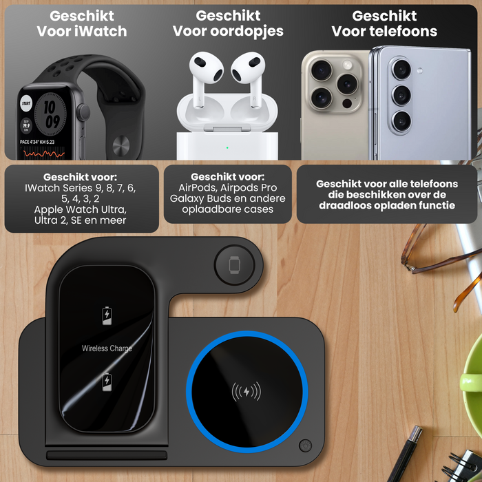 Strex 3-in-1 Draadloze Oplader - Oplaadstation - 15W Snellader - Opvouwbaar - Geschikt voor iOS & Android, Apple Watch, AirPods en Draadloze oortjes - Zwart