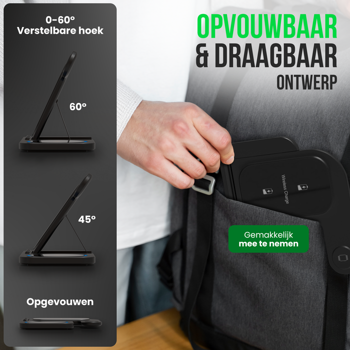 Strex 3-in-1 Draadloze Oplader - Oplaadstation - 15W Snellader - Opvouwbaar - Geschikt voor iOS & Android, Apple Watch, AirPods en Draadloze oortjes - Zwart