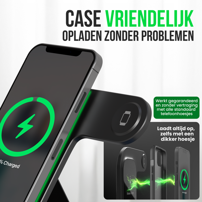 Strex 3-in-1 Draadloze Oplader - Oplaadstation - 15W Snellader - Opvouwbaar - Geschikt voor iOS & Android, Apple Watch, AirPods en Draadloze oortjes - Zwart