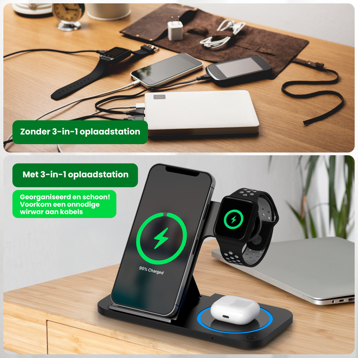 Strex 3-in-1 Draadloze Oplader - Oplaadstation - 15W Snellader - Opvouwbaar - Geschikt voor iOS & Android, Apple Watch, AirPods en Draadloze oortjes - Zwart