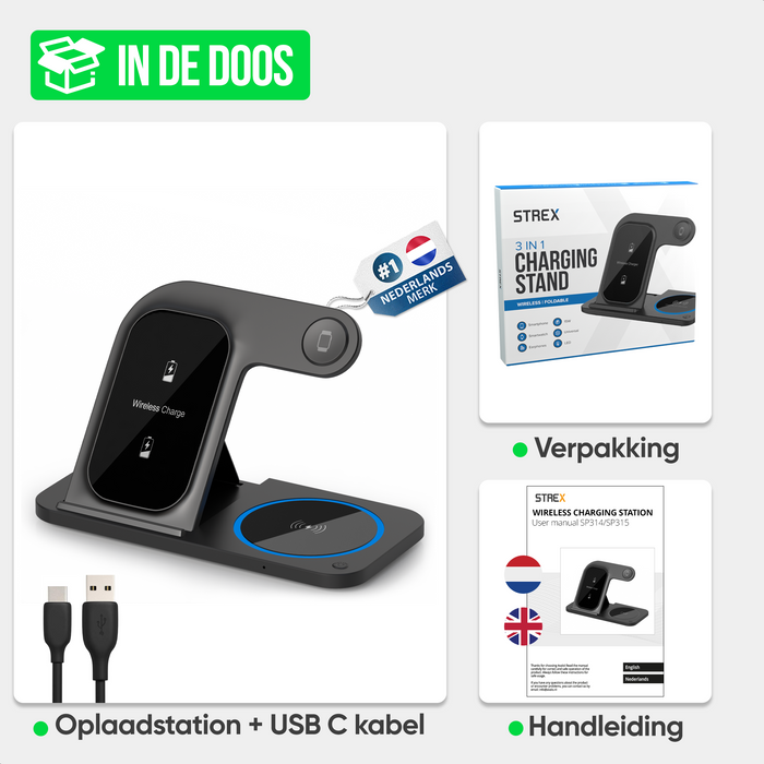 Strex 3-in-1 Draadloze Oplader - Oplaadstation - 15W Snellader - Opvouwbaar - Geschikt voor iOS & Android, Apple Watch, AirPods en Draadloze oortjes - Zwart
