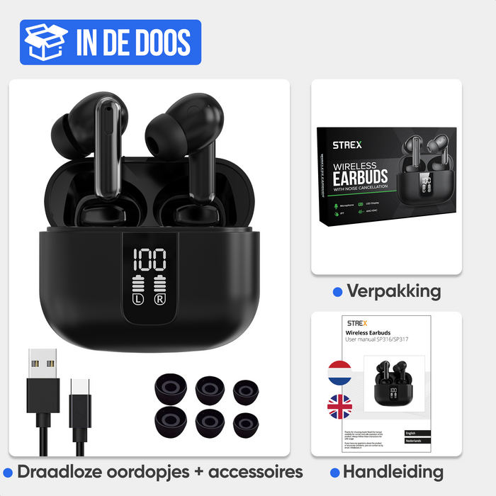 Strex Draadloze Oordopjes - Active Noise Cancelling - LED Display - Draadloze Oortjes Bluetooth - Oortjes Draadloos - Bluetooth 5.3 - Zwart