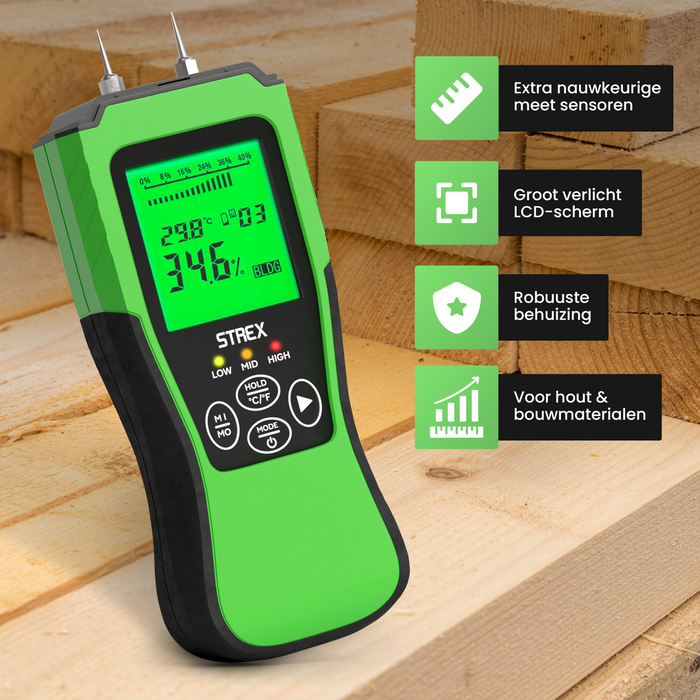Strex Vochtmeter Digitaal - Voor Hout / Bouwmaterialen (o.a. Steen, Gips & Beton) - LCD Display - Vochtigheidsmeter - Vochtmeter Muren - Incl. Batterijen & Opberghoes