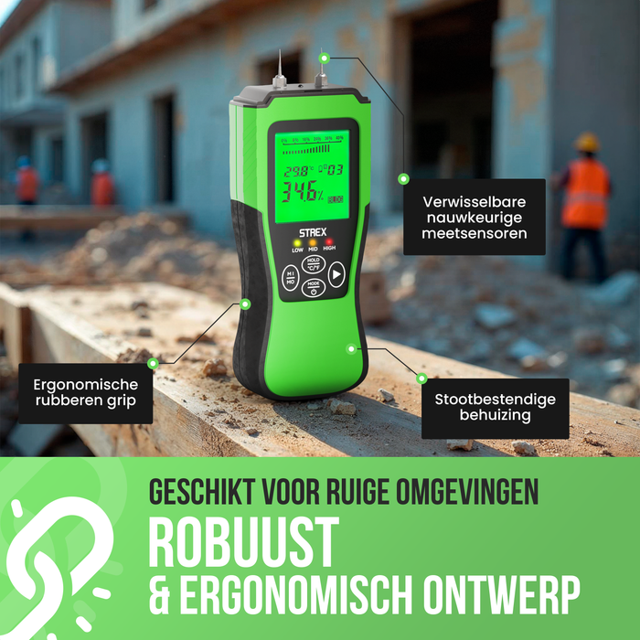 Strex Vochtmeter Digitaal - Voor Hout / Bouwmaterialen (o.a. Steen, Gips & Beton) - LCD Display - Vochtigheidsmeter - Vochtmeter Muren - Incl. Batterijen & Opberghoes