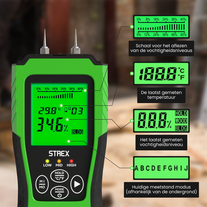Strex Vochtmeter Digitaal - Voor Hout / Bouwmaterialen (o.a. Steen, Gips & Beton) - LCD Display - Vochtigheidsmeter - Vochtmeter Muren - Incl. Batterijen & Opberghoes