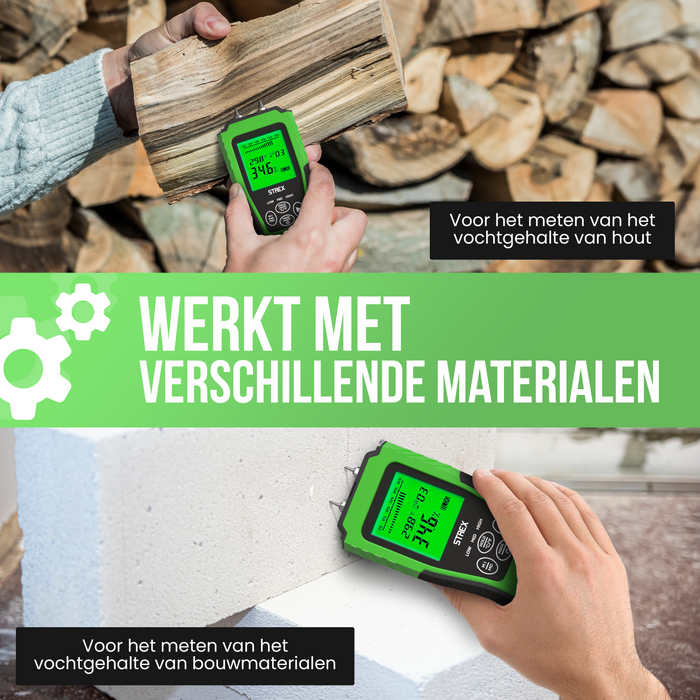 Strex Vochtmeter Digitaal - Voor Hout / Bouwmaterialen (o.a. Steen, Gips & Beton) - LCD Display - Vochtigheidsmeter - Vochtmeter Muren - Incl. Batterijen & Opberghoes