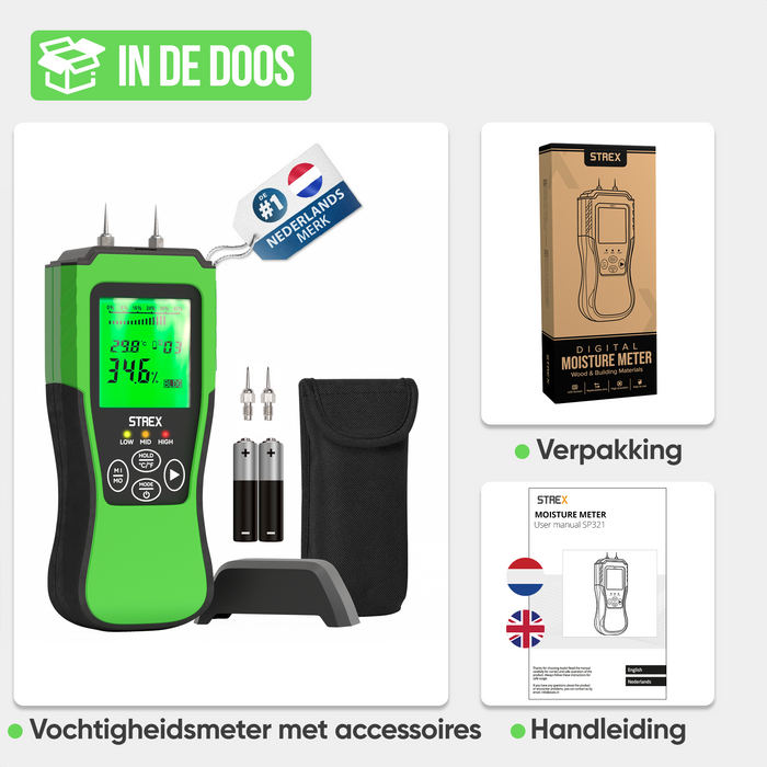 Strex Vochtmeter Digitaal - Voor Hout / Bouwmaterialen (o.a. Steen, Gips & Beton) - LCD Display - Vochtigheidsmeter - Vochtmeter Muren - Incl. Batterijen & Opberghoes