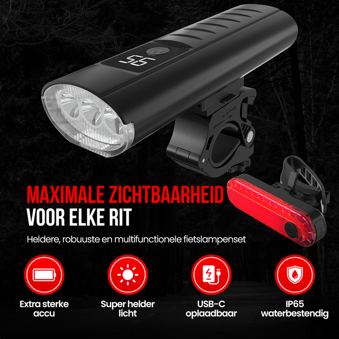 Strex Fietsverlichting Set LED 1600 lumen - Fietslamp Voorlicht & Achterlicht - Fietslampje - Fietsverlichting USB Oplaadbaar