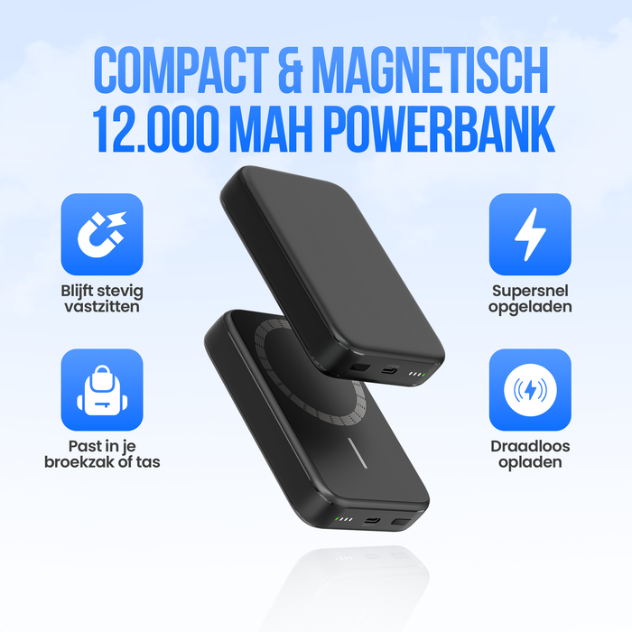 Strex Magsafe Powerbank - 12.000 mAh - Magnetisch - Draadloze Qi Snellader - 20W Snellader - USB-C - LED Indicatie - Universele Powerbank geschikt voor o.a. iOS/Android