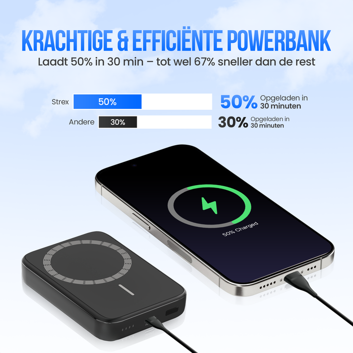 Strex Magsafe Powerbank - 12.000 mAh - Magnetisch - Draadloze Qi Snellader - 20W Snellader - USB-C - LED Indicatie - Universele Powerbank geschikt voor o.a. iOS/Android