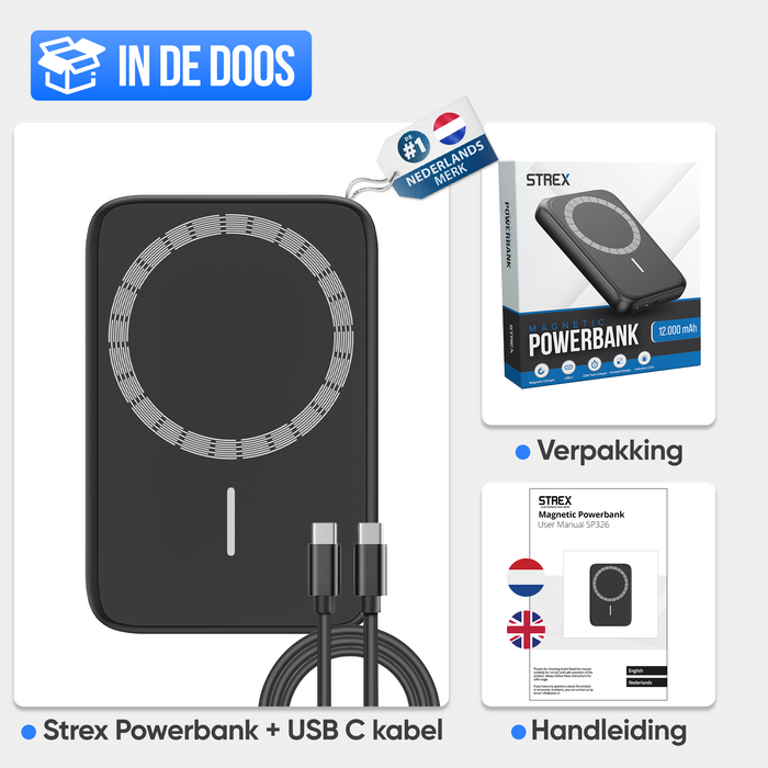 Strex Magsafe Powerbank - 12.000 mAh - Magnetisch - Draadloze Qi Snellader - 20W Snellader - USB-C - LED Indicatie - Universele Powerbank geschikt voor o.a. iOS/Android
