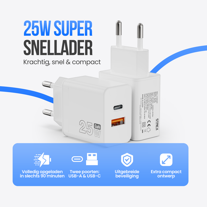 Strex USB Oplader 25W - Snellader met USB-A & USB-C - GaN - Wit – PD 3.0 + QC 3.0 - Inclusief USB-C Kabel