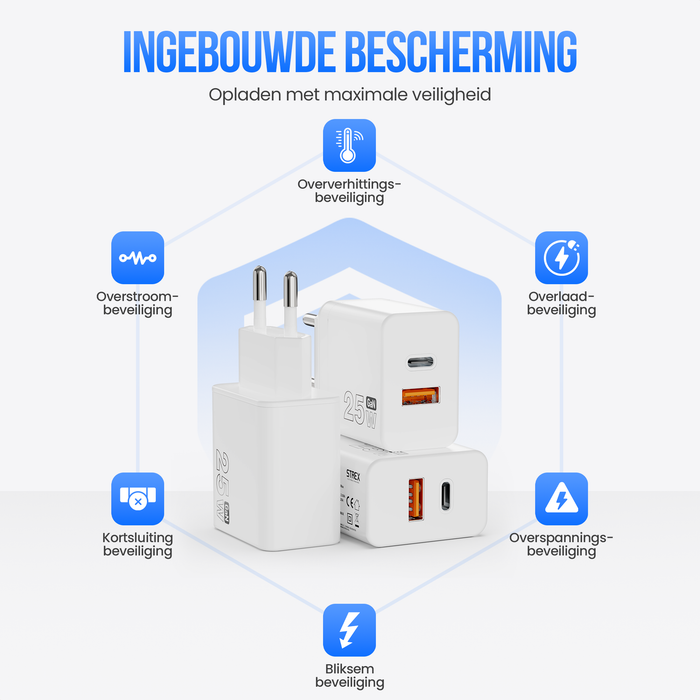 Strex USB Oplader 25W - Snellader met USB-A & USB-C - GaN - Wit – PD 3.0 + QC 3.0 - Inclusief USB-C Kabel