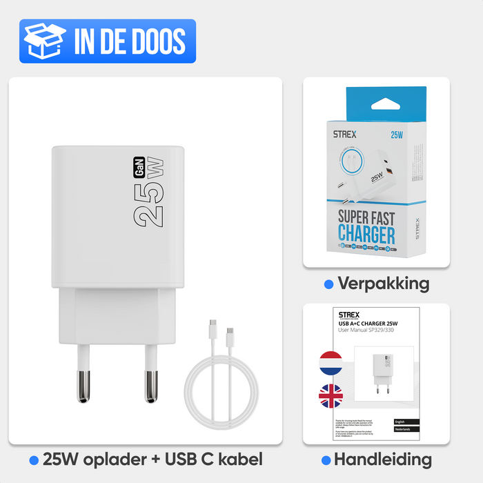 Strex USB Oplader 25W - Snellader met USB-A & USB-C - GaN - Wit – PD 3.0 + QC 3.0 - Inclusief USB-C Kabel