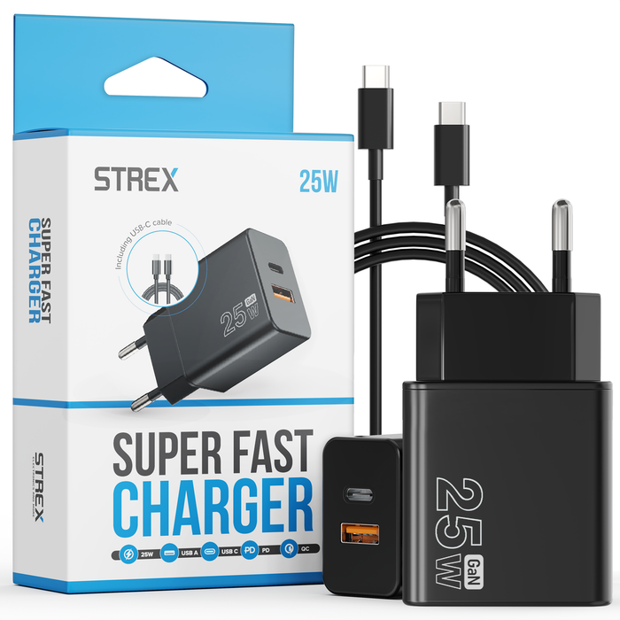 Strex USB Oplader 25W - Snellader met USB-A & USB-C - GaN - Zwart – PD 3.0 + QC 3.0 - Inclusief USB-C Kabel