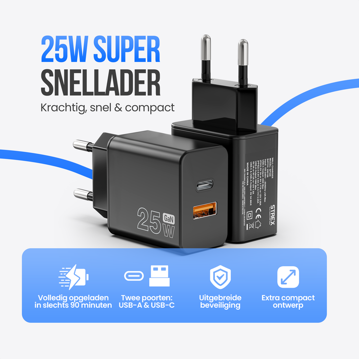 Strex USB Oplader 25W - Snellader met USB-A & USB-C - GaN - Zwart – PD 3.0 + QC 3.0 - Inclusief USB-C Kabel