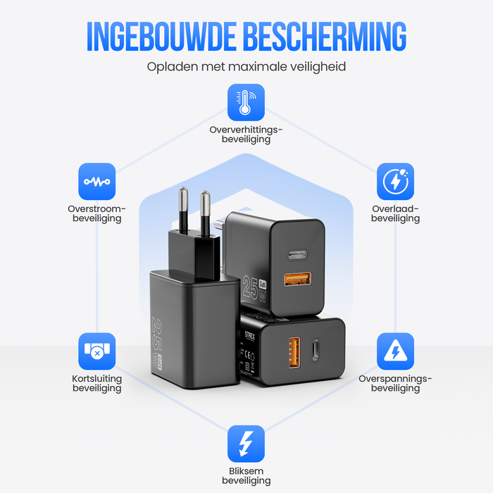 Strex USB Oplader 25W - Snellader met USB-A & USB-C - GaN - Zwart – PD 3.0 + QC 3.0 - Inclusief USB-C Kabel