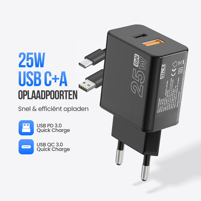 Strex USB Oplader 25W - Snellader met USB-A & USB-C - GaN - Zwart – PD 3.0 + QC 3.0 - Inclusief USB-C Kabel
