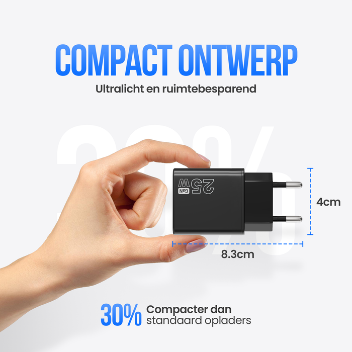 Strex USB Oplader 25W - Snellader met USB-A & USB-C - GaN - Zwart – PD 3.0 + QC 3.0 - Inclusief USB-C Kabel