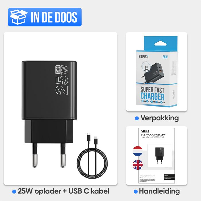 Strex USB Oplader 25W - Snellader met USB-A & USB-C - GaN - Zwart – PD 3.0 + QC 3.0 - Inclusief USB-C Kabel