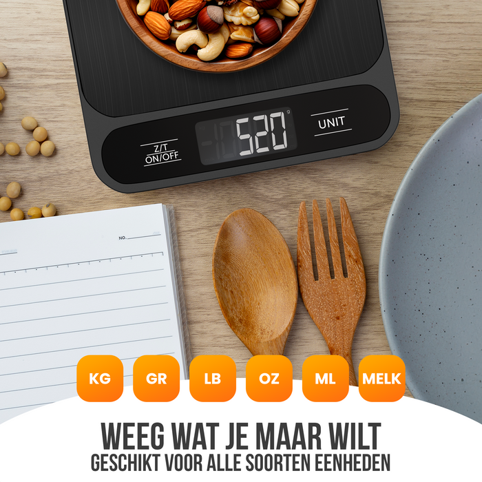 Strex Keukenweegschaal Digitaal - Weegschaal Keuken - 1 g tot 10 kg - Tarra Functie - Inclusief Batterijen - Zwart