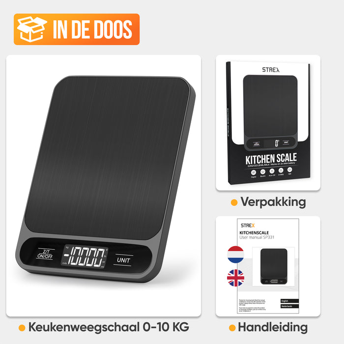 Strex Keukenweegschaal Digitaal - Weegschaal Keuken - 1 g tot 10 kg - Tarra Functie - Inclusief Batterijen - Zwart