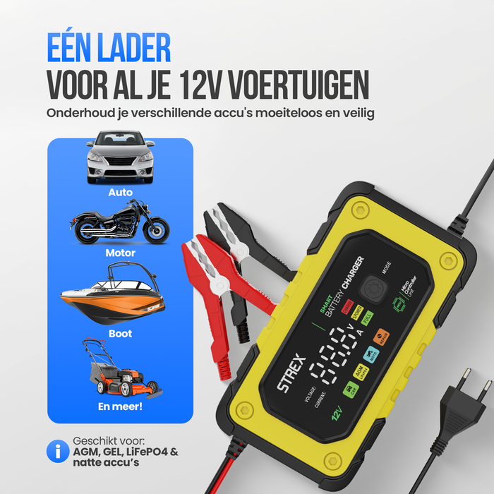 Strex 12V 7A Acculader – Druppel en Snellader met LCD Display – Voor Auto, Motor, Boot en AGM/Loodaccu’s – Reparatiemodus