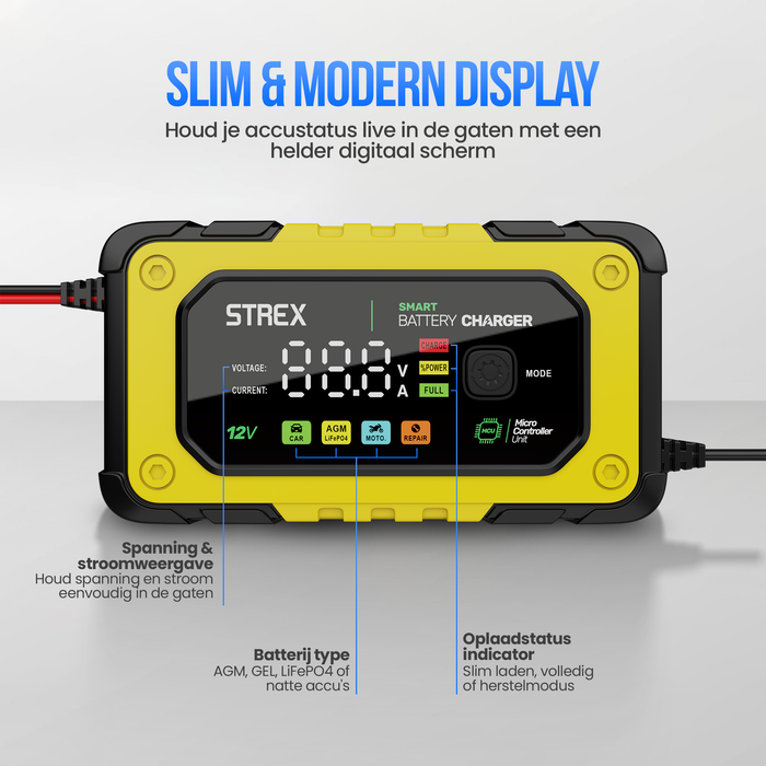 Strex 12V 7A Acculader – Druppel en Snellader met LCD Display – Voor Auto, Motor, Boot en AGM/Loodaccu’s – Reparatiemodus