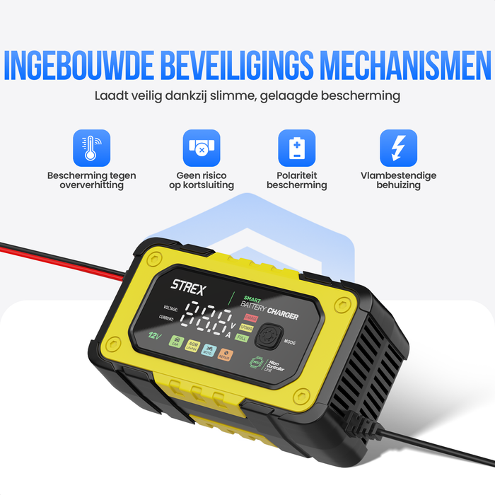Strex 12V 7A Acculader – Druppel en Snellader met LCD Display – Voor Auto, Motor, Boot en AGM/Loodaccu’s – Reparatiemodus