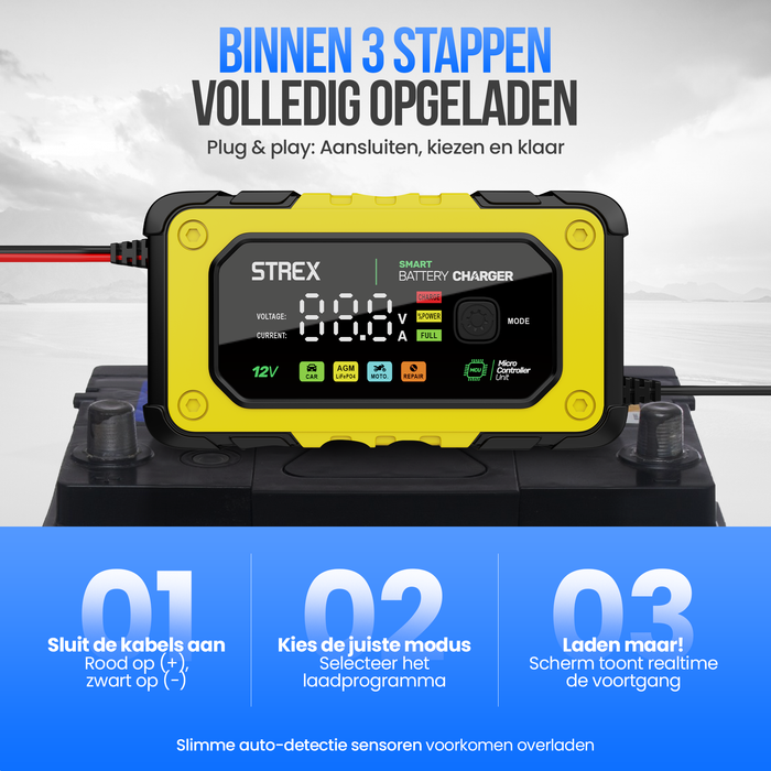 Strex 12V 7A Acculader – Druppel en Snellader met LCD Display – Voor Auto, Motor, Boot en AGM/Loodaccu’s – Reparatiemodus