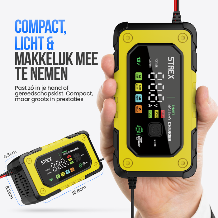 Strex 12V 7A Acculader – Druppel en Snellader met LCD Display – Voor Auto, Motor, Boot en AGM/Loodaccu’s – Reparatiemodus