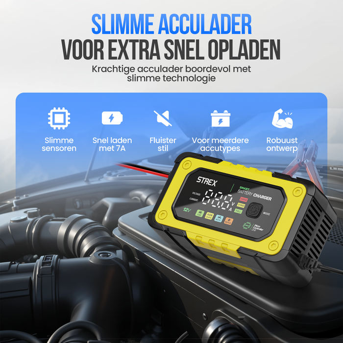 Strex 12V 7A Acculader – Druppel en Snellader met LCD Display – Voor Auto, Motor, Boot en AGM/Loodaccu’s – Reparatiemodus