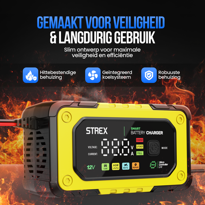 Strex 12V 7A Acculader – Druppel en Snellader met LCD Display – Voor Auto, Motor, Boot en AGM/Loodaccu’s – Reparatiemodus