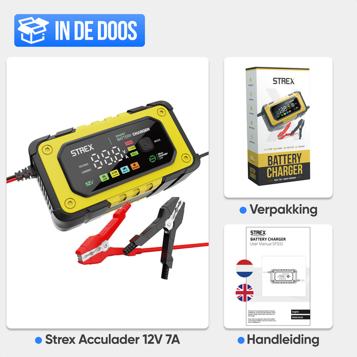 Strex 12V 7A Acculader – Druppel en Snellader met LCD Display – Voor Auto, Motor, Boot en AGM/Loodaccu’s – Reparatiemodus