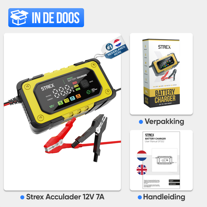 Strex 12V 7A Acculader – Druppel en Snellader met LCD Display – Voor Auto, Motor, Boot en AGM/Loodaccu’s – Reparatiemodus